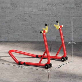 Cavalete Elevador Universal Suporte Roda Traseira Mota com Forquilhas em U e L Ajustáveis e Almofadas Antiderrapantes 58,5x34,5x69 cm Vermelho