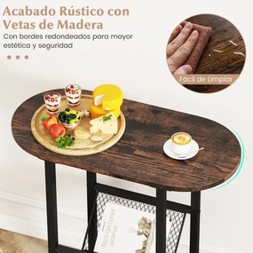 Mesa apoio, mesa de cabeçeira Estreita 60 x 28,5 x 64 cm com Suporte para Revistas Estrutura Metálica Castanho rústico