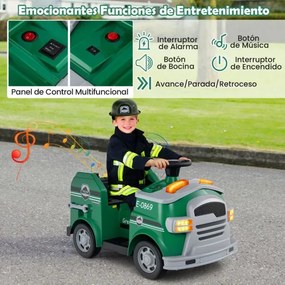 Camião de Bombeiros Elétrico para Crianças 12V com Pá e Chave Extintor Escada Capacete de Segurança com Música Verde