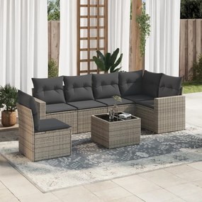 7 pcs conjunto sofás p/ jardim c/ almofadões vime PE cinzento