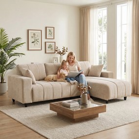 Sofá Chaise Longue Reversível de 3 Lugares com 2 Almofadas Tecido Efeito Linho Estrutura em Aço 242x156x87 cm Bege