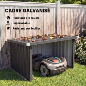 Abrigo para robô cortador de relva 108 x 86 x 62,5 cm, garagem para robô cortador de relva com telhado inclinado em aço galvanizado cinzento escuro