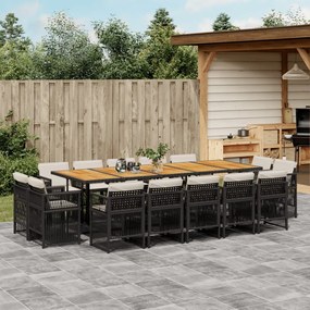 vidaXL 15 pcs conjunto de jantar p/jardim com almofadões vime PE preto