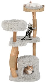 Arranhador Gatos de 124 cm de altura feito de madeira com caverna para gatos, superfície de assento em pelúcia cinzento