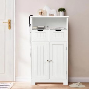 Armário de casa de banho com prateleira aberta 2 portas e 2 gavetas 60 x 30 x 109 cm Branco