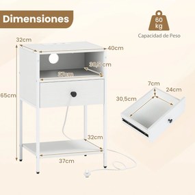 Mesa de cabeceira, mesa apoio 40 x 32 x 65 cm com estação de carregamento com Compartimento aberto Gaveta branca