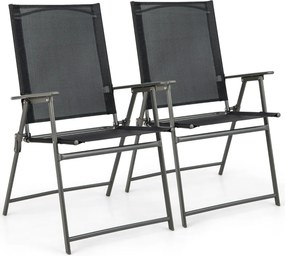 Conjunto de 2 cadeiras de jardim dobráveis com encosto alto Cadeira de jardim exterior portátil em metal de tecido resistente Pretas