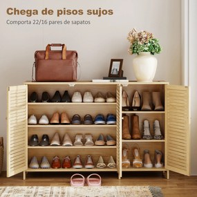 Armário para Sapatos de Bambu com Portas de Ripas Capacidade para 14 Pares Prateleiras Ajustáveis Madeira