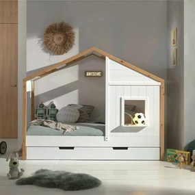Cama Infantil BABS 91 Desenho Casa + Gaveta Branco/Natural