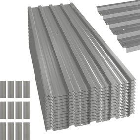 Conjunto de 12 painéis em aço galvanizado resistentes às intempéries, cinza claro, dimensões de cada painel: 129 cm (C) x 45 cm (L)