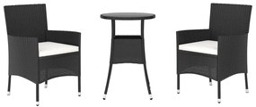 3 pcs conjunto bistrô de jardim c/ almofadões vime PE preto