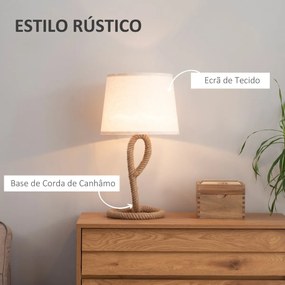 Candeeiro de Mesa Rústico com Base de Metal e Corda de Canhâmo Ecrã de Tecido Suporte para Lâmpadas E27 de Máx. 40W para Sala de Estar Dormitório Ø30x