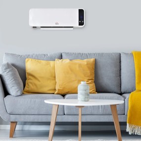 HOMCOM Aquecedor Cerâmico de Parede 1000/2000W com Controle Remoto Tela LED Termostato Temporizador e Proteção contra Superaquecimento para 25m² 56x18,5x11,5cm Branco
