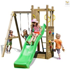 Parque infantil Crianças Exterior FUNNY 3 Com Escorrega, 1 Baloiços, parede escalada, escada com degraus metálicos, punhos e protecções para as mãos