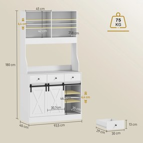 Armário de Cozinha com 2 Portas Corrediças 3 Gavetas Bancada para Micro-Ondas e Prateleiras Ajustáveis 93,5x40x180 cm Branco