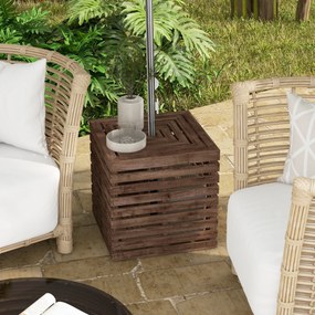 Caixa de arrumação exterior 2 em 1 para base de guarda-sol 50 x 50 x 50 cm, mesa auxiliar de terraço com orifício para guarda-sol em madeira castanho