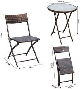 Conjunto de Mesa e 2 Cadeiras Móveis Ratan para Jardím Dobrável Estrutura Aço - Castanho - 61x46x84cm