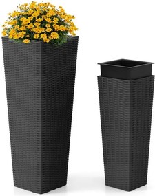 Conjunto de 2 vasos jardim em rattan, 2 peças, vasos grandes para exterior com orifícios de drenagem removíveis, Pretos