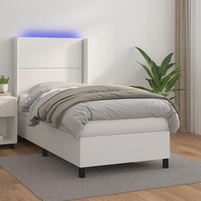 Cama box spring c/colchão/LED 100x200cm couro artificial branco