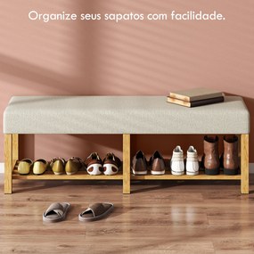 Banco Sapateira com Assento Acolchoado para 2 Pessoas Prateleira Aberta Estrutura de Madeira 140x44x48 cm Creme e Madeira