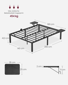 Estrutura da cama em metal 200 x 140 com 2 prateleiras práticas preto