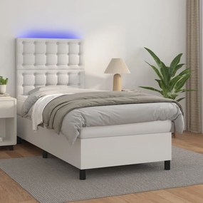 Cama box spring c/ colchão/LED 80x200cm couro artificial branco