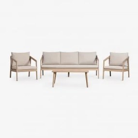 Conjunto De Sala Com Sofá De 3 Lugares, 2 Poltronas E Mesa De Centro Em Madeira De Acácia E Corda Trançada Kaela Marrom Acácia Claro & Tecido Castanho