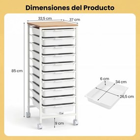 Carrinho de Arrumação com 10 Gavetas, 37 x 32,5 x 85 cm, Tampo de Madeira, Branco