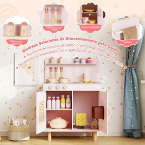 Cozinha infantil de madeira 52 x 31,5 x 73 cm com máquina de gelo realista e armazenamento para crianças com mais de 3 anos Rosa