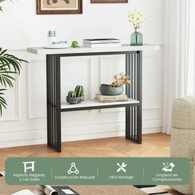 Mesa de 2 níveis com prateleira aberta, estrutura em aço dourado para sala de estar ou corredor, 120 x 29,5 x 92,5 cm, preto e branco