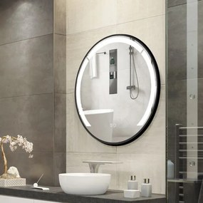 Espelho de banho LED redondo de 60 cm com moldura de alumínio e função antiembaciamento 3 cores de luz e brilho preto
