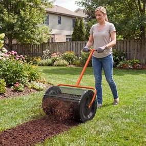 Espalhador de composto para Jardim de 31 cm com rolo para turfa e cabo em T ajustável em altura, com cesto de malha metálica para jardim ou relvado, L