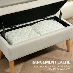 Banco com arrumação, baú de arrumação em tecido com efeito veludo 80 x 35 x 42 cm, pés em madeira creme