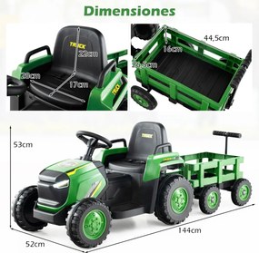 Trator Elétrico para crianças de 12V com Reboque Desmontável Comando à Distância Faróis LED Buzina Música Arranque Verde Escuro