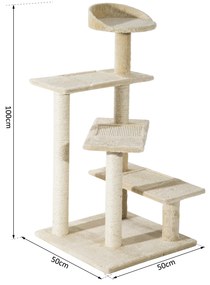 Árvore para gato Poste para arranhar com cama de plataforma e cobertor de sisal de veludo bege - 50x50x100cm