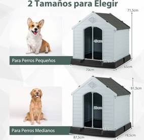 Casota de plástico para cães com piso elevado e válvulas de ar, ideal para cães pequenos e médios branco e cinza