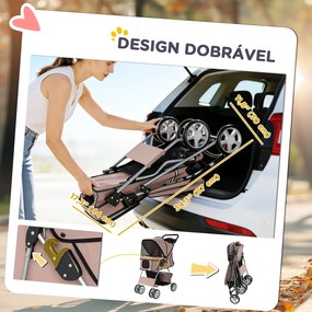 Carrinho para Cães Pequenos com Cesto de Armazenamento Suporte para Copos Rodas e Almofada Lavável 77x44x102 cm Castanho