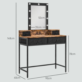 Toucador com espelho LED ajustável integrado 90 x 40 x 148 cm base em metal preto - 4 gavetas forradas a tecido castanho rústico