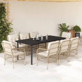 9 pcs conjunto de jantar p/ jardim com almofadões vime PE bege