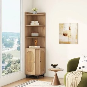 Armário de canto Rattan 172 CM Estante alta com 2 portas 4 prateleiras abertas Pernas ajustáveis Poupança de espaço Pernas ajustáveis Natural