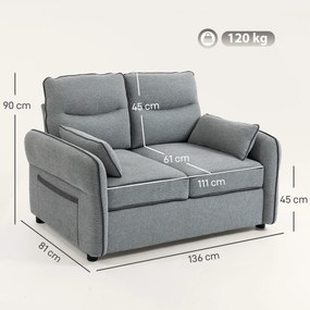 Sofá de 2 lugares, sofá de sala em veludo egípcio, 2 almofadas incluídas, bolso lateral, 136 x 81 x 90 cm, cinzento