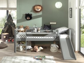 Conjunto Cama alta de Criança PINO 90 x 200 cm + estrado + escada + escorrega + prateleira suspensa Cinzenta