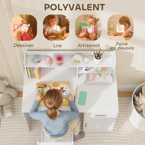 Secretária infantil com cadeira, mesa infantil com cadeira, gaveta, armário, compartimentos abertos, quadro de cortiça, branco