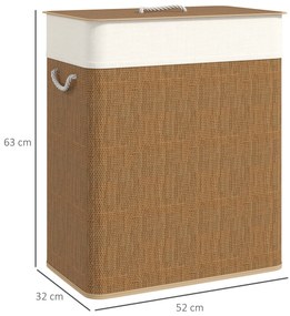 Cesto de Roupa com Tampa 100L de Bambu com 2 Compartimentos Bolsa Interior Amóvivel 52x32x63 cm Castanho e Creme