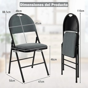 Conjunto de 4 cadeiras dobráveis portáteis com assento almofadado e encosto em tecido Estrutura metálica estofada para escritório casa Cinzento