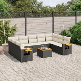 10 pcs conjunto sofás de jardim c/ almofadões vime PE preto