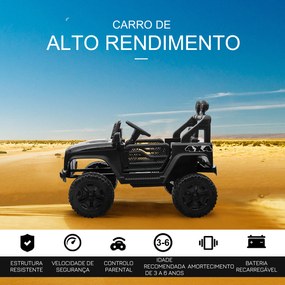 Jipe Elétrico para Crianças com Bateria de 12V 2 Motores Controlo Remoto 2,4G Faróis Buzina Velocidade Ajustável 100x65x72 cm Preto