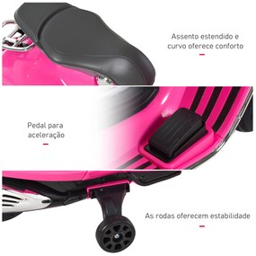 Motocicleta Elétrica Infantil VESPA acima de 3 anos com Faróis Música 2 Rodas Auxiliares 108x49x75 cm Rosa