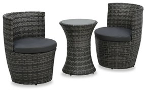 vidaXL 3 pcs conjunto bistrô com almofadões vime PE cinzento