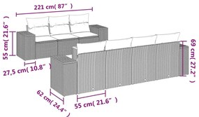 8 pcs conjunto sofás de jardim c/ almofadões vime PE cinzento
